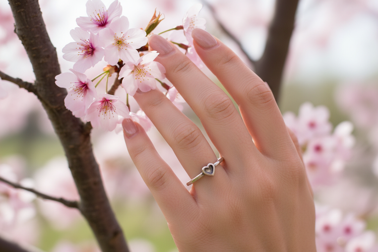 Anillo Corazón de Plata – Flores de cerezo
